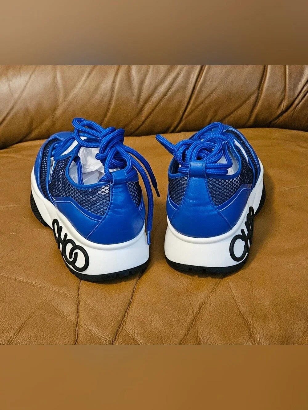 New Women's Jimmy Choo Blue Leather Strappy Lace Designer Sneakers Size 5.5 US